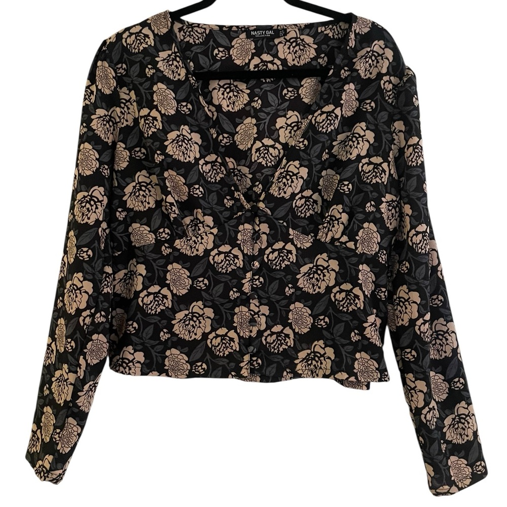 Nasty Gal Black and Cream Floral Blouse
